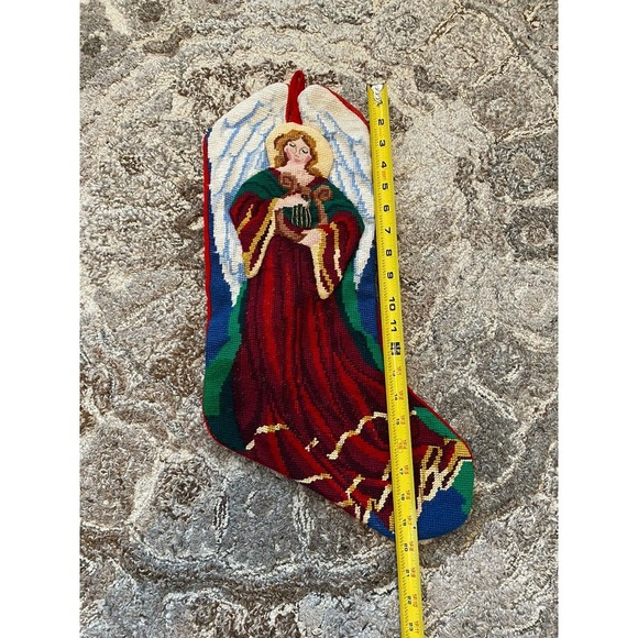 Vtg Needlepoint Christmas Stocking Angel Harp Stocking Beaded Red - Picture 7 of 7